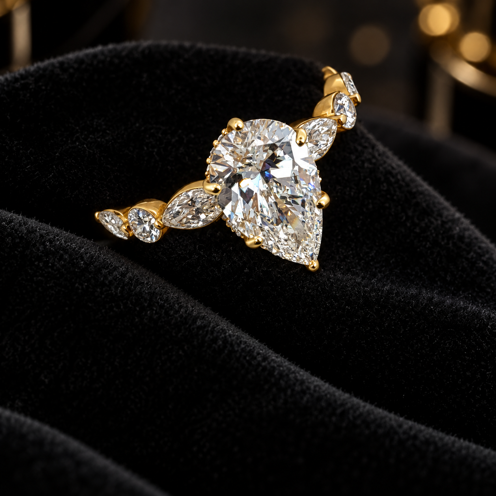 14K Yellow Gold Pear Shape Lab Diamond Hidden Halo Engagement Ring