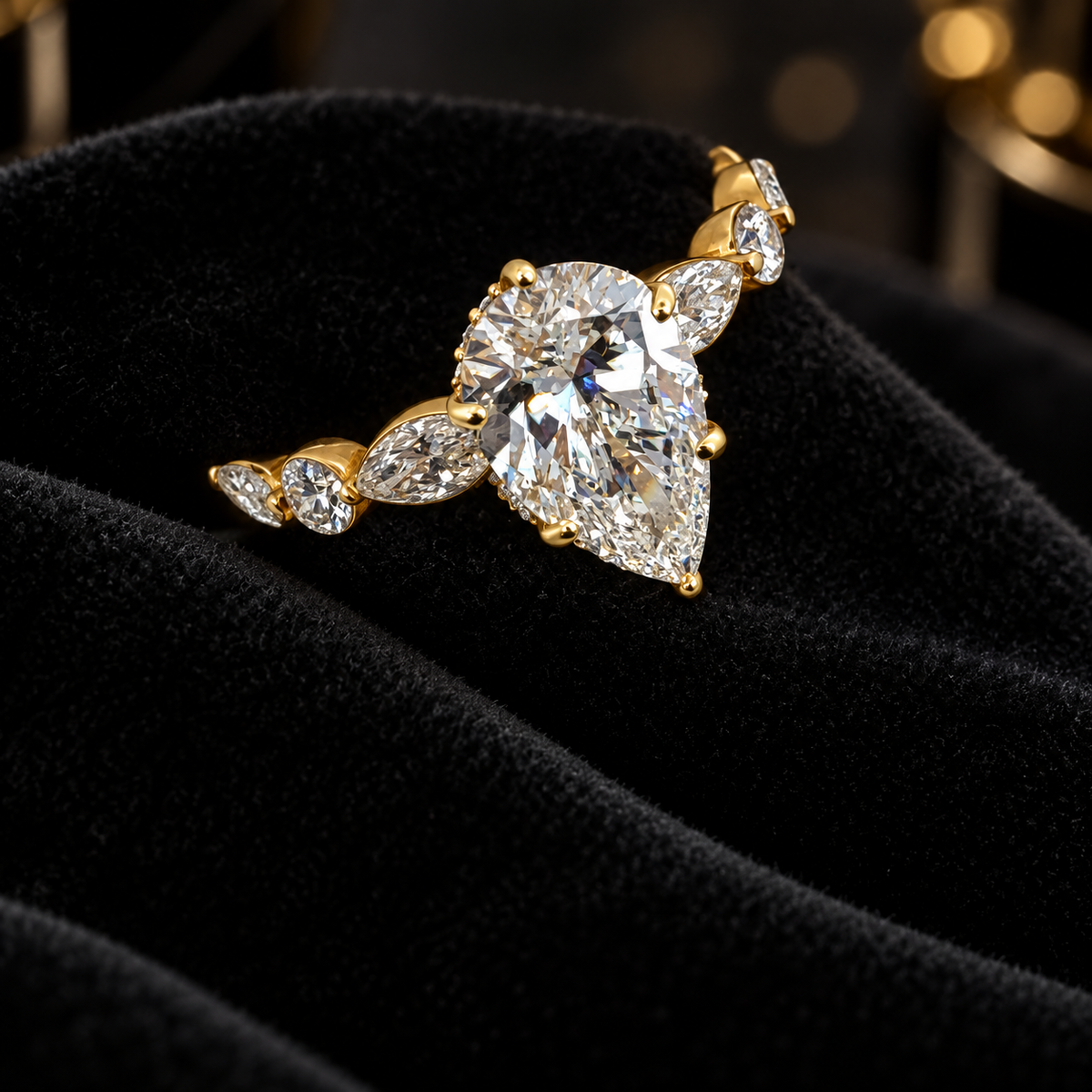 14K Yellow Gold Pear Shape Lab Diamond Hidden Halo Engagement Ring