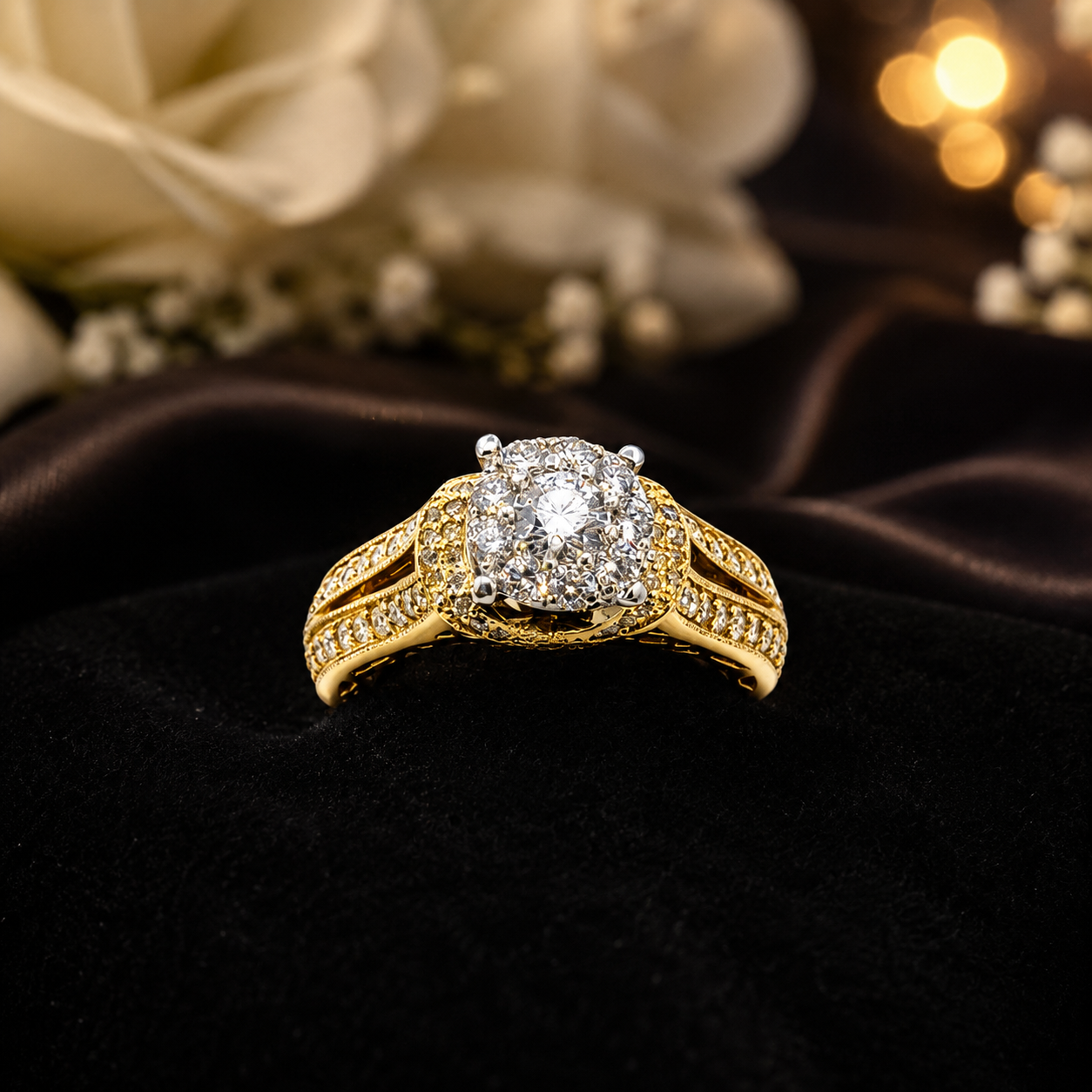 14K Yellow Gold Diamond Cluster Ring – 1.50ct Natural Diamonds