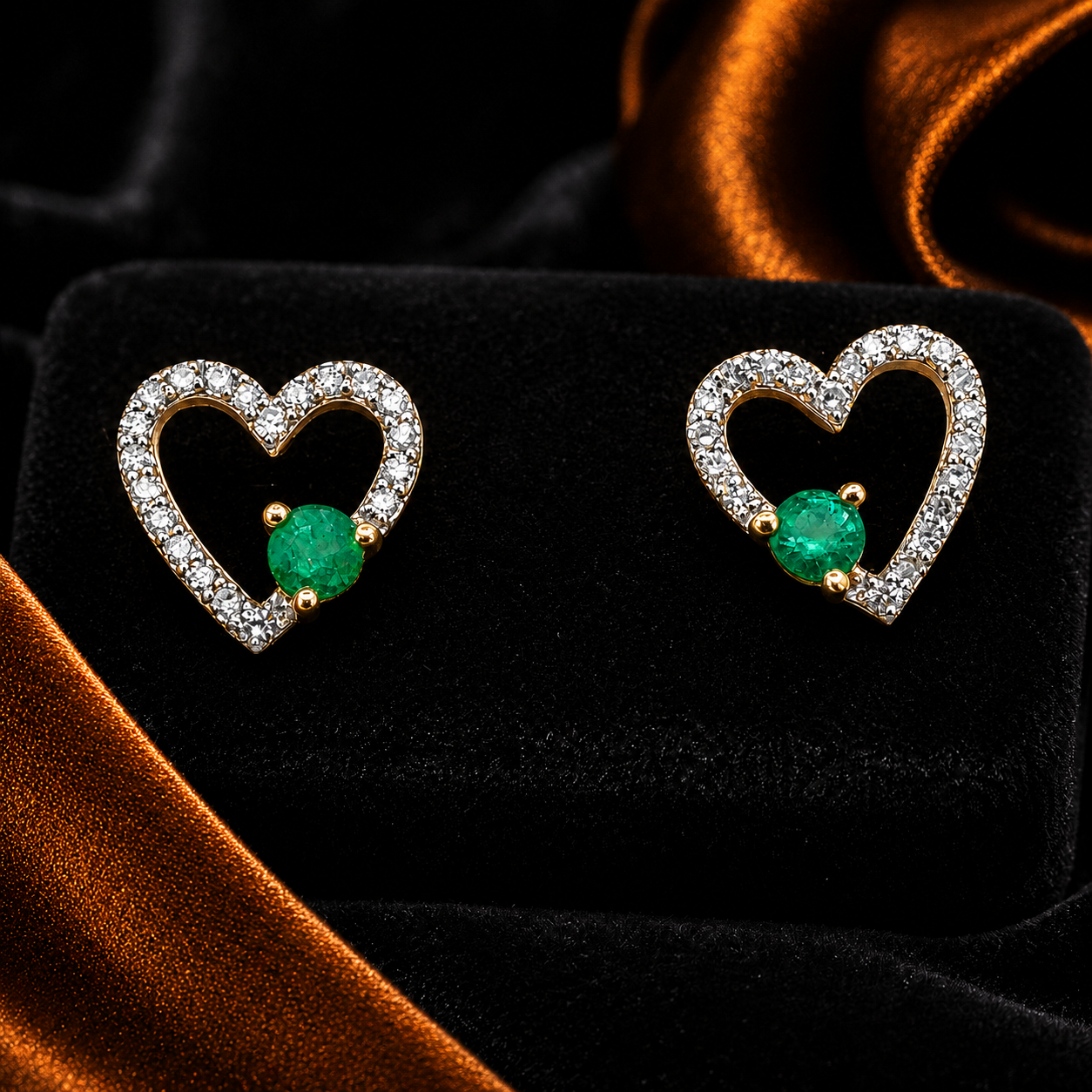 14K Yellow Gold Heart Earrings – .12ct Natural Diamonds & .13ct Colombian Emeralds