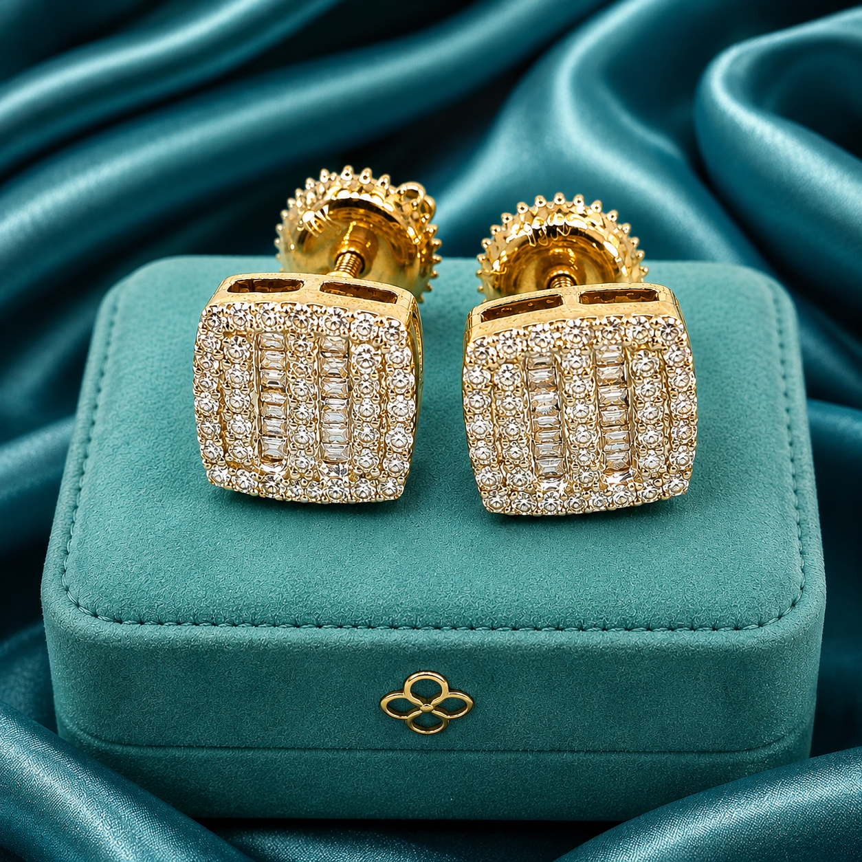 10K Yellow Gold Round & Baguette Diamond Stud Earrings