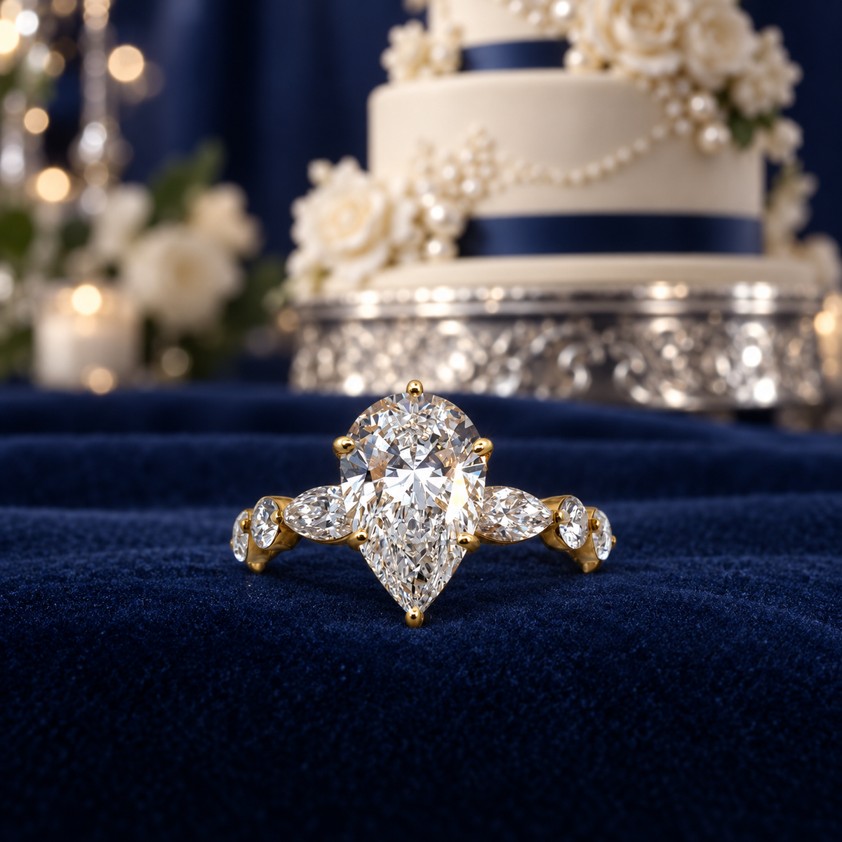 14K Yellow Gold Pear Shape Lab Diamond Hidden Halo Engagement Ring