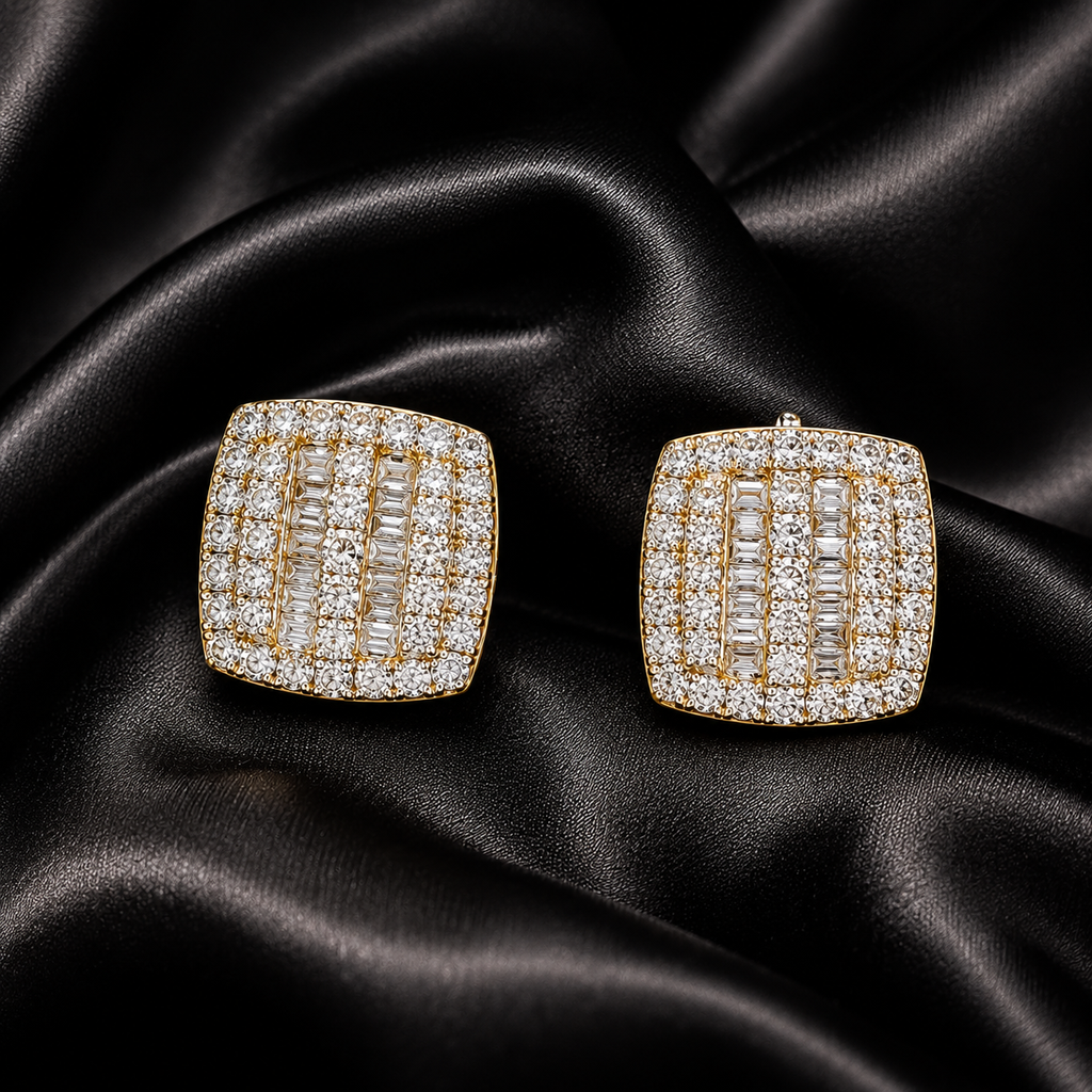 10K Yellow Gold Round & Baguette Diamond Stud Earrings