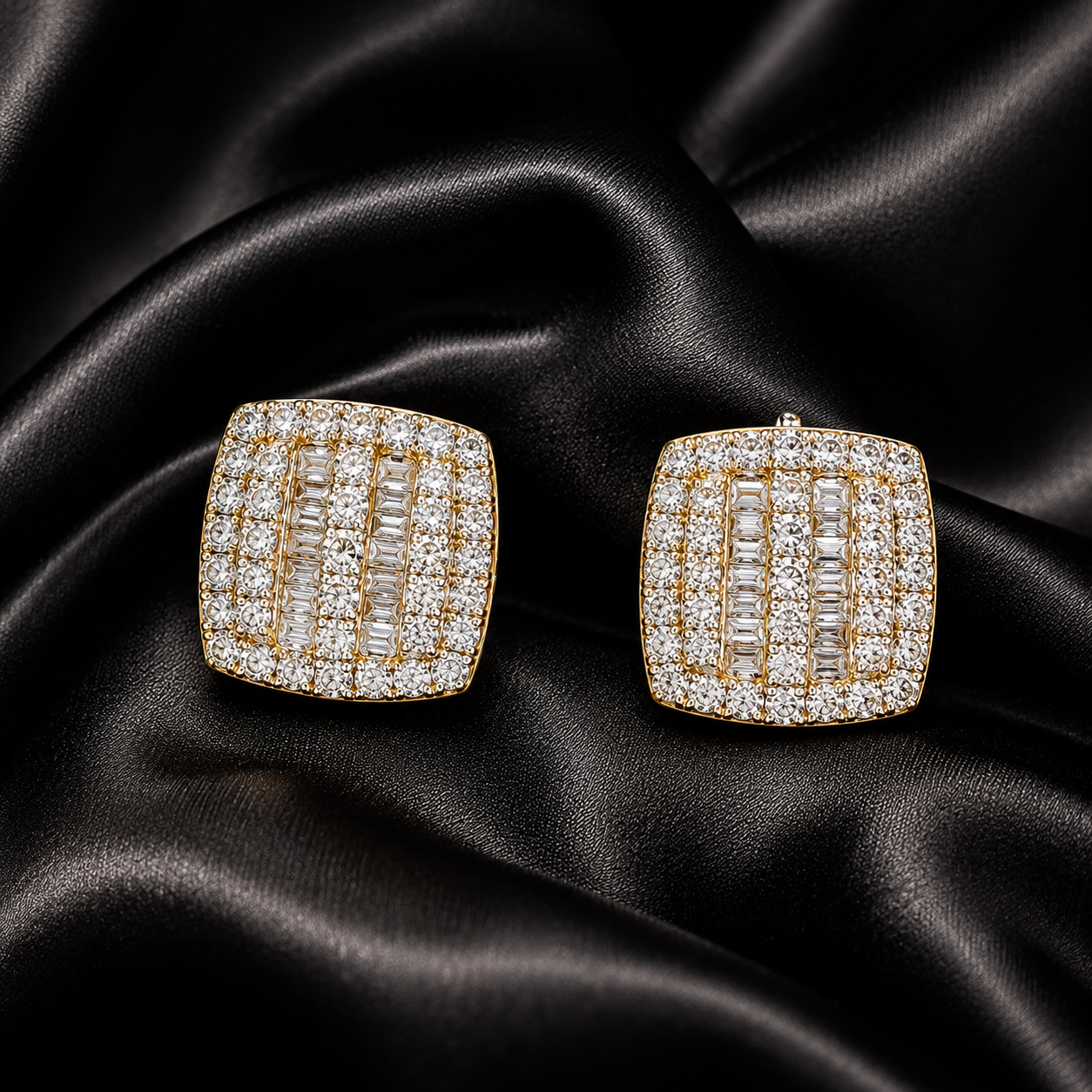 10K Yellow Gold Round & Baguette Diamond Stud Earrings