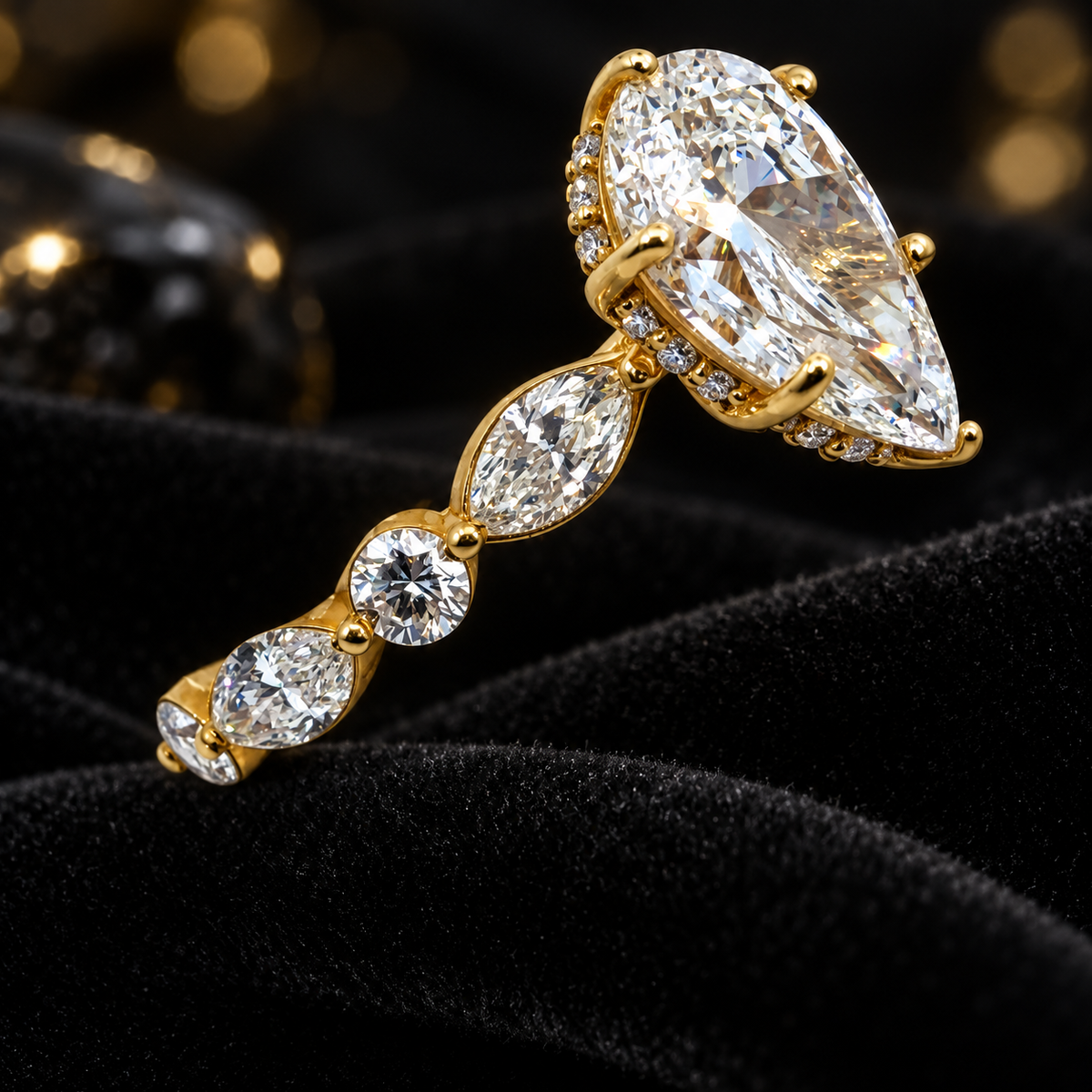 14K Yellow Gold Pear Shape Lab Diamond Hidden Halo Engagement Ring