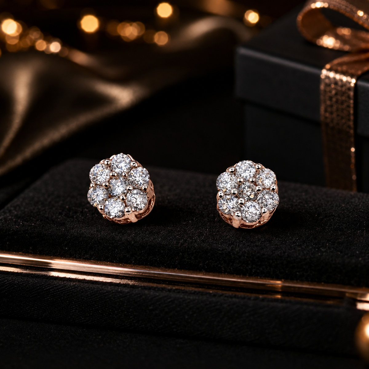 10K Rose Gold Flower Setting Diamond Stud Earrings