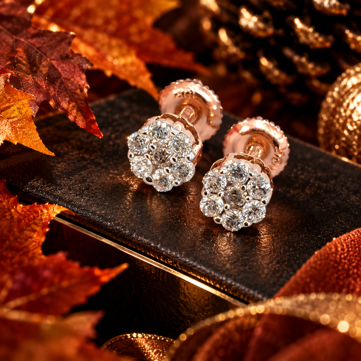 10K Rose Gold Flower Setting Diamond Stud Earrings