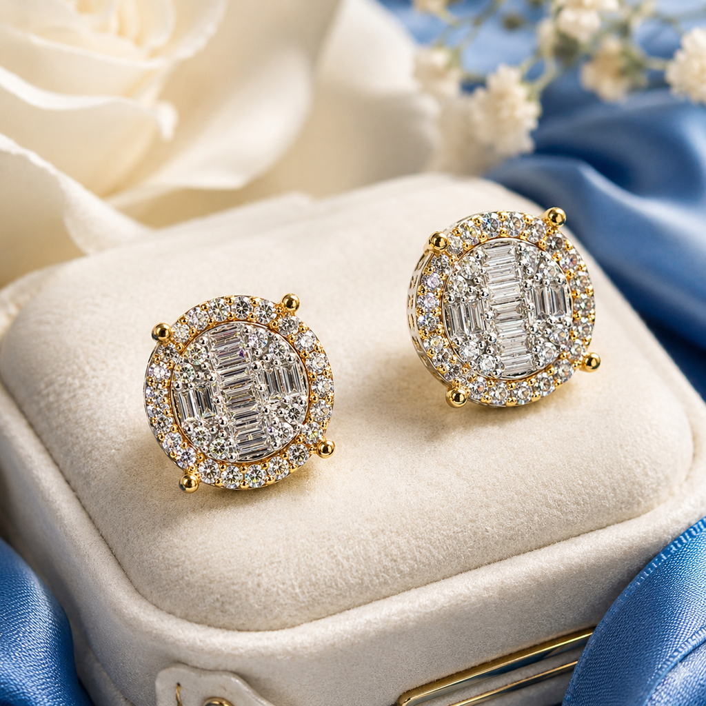 10K Yellow Gold Round & Baguette Diamond Earrings – .65ct Natural Diamonds SI1