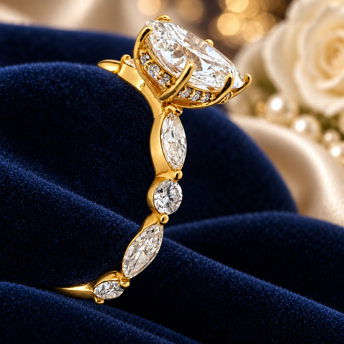 14K Yellow Gold Pear Shape Lab Diamond Hidden Halo Engagement Ring