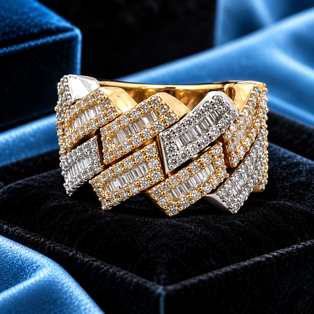 10K Yellow Gold Two-Tone 2.20 Carat Natural Diamond Cuban Link Ring