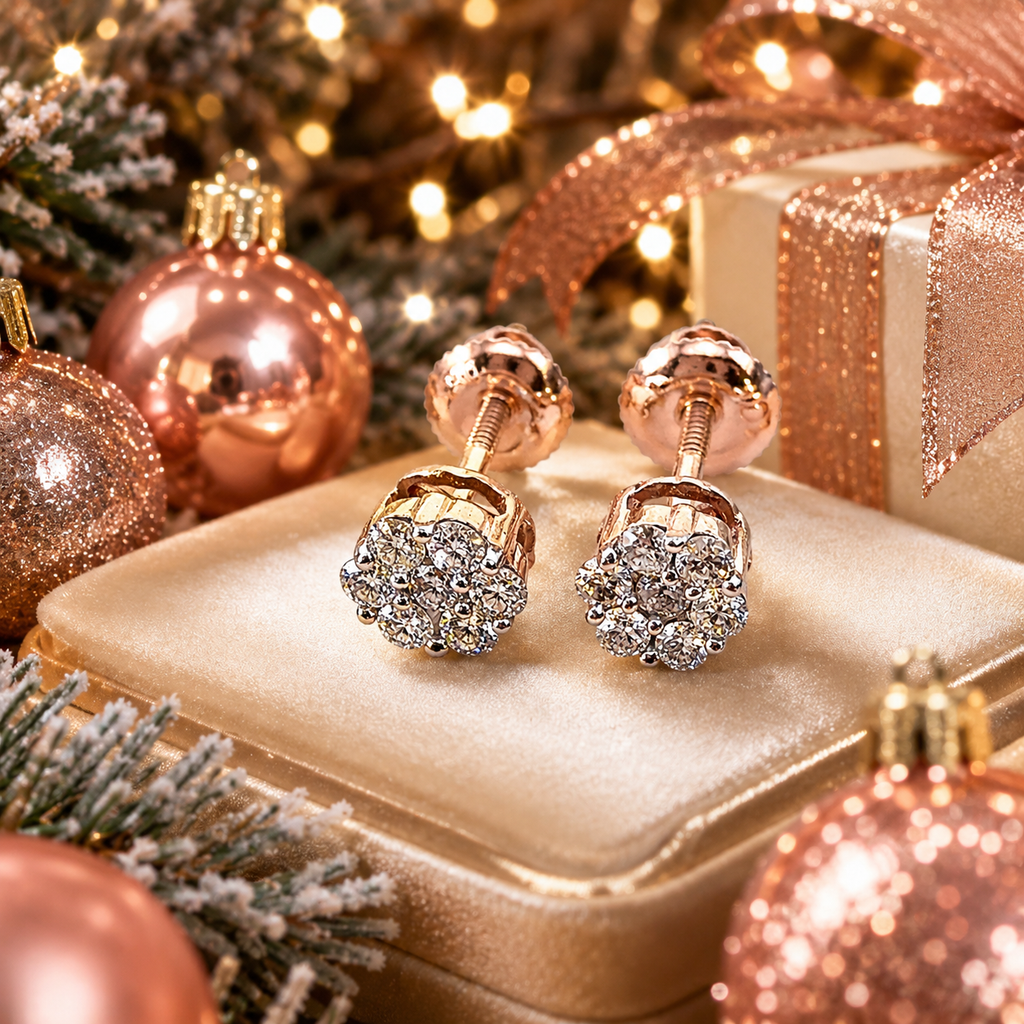 10K Rose Gold Flower Setting Diamond Stud Earrings