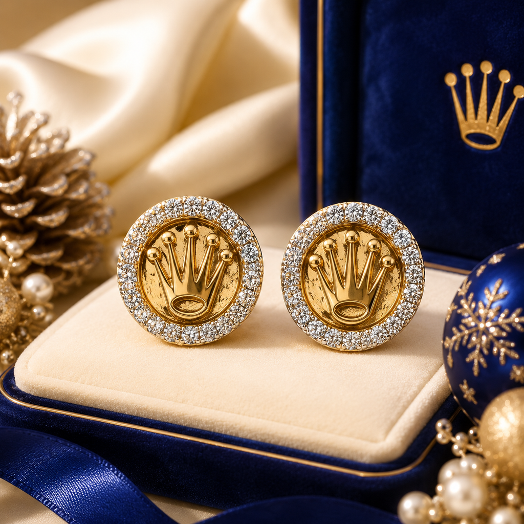 10K Yellow Gold Crown Diamond Stud Earrings