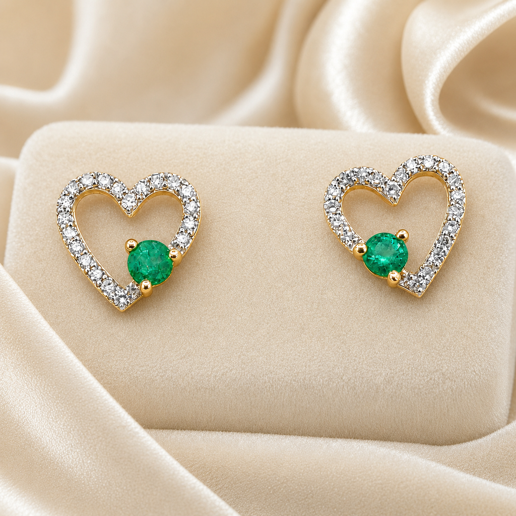 14K Yellow Gold Heart Earrings – .12ct Natural Diamonds & .13ct Colombian Emeralds
