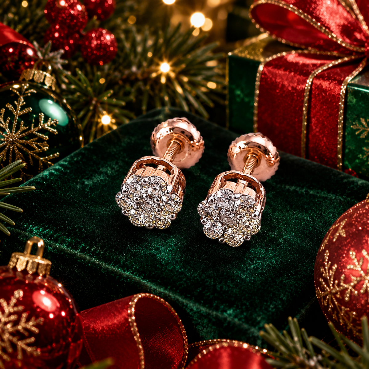 10K Rose Gold Flower Setting Diamond Stud Earrings