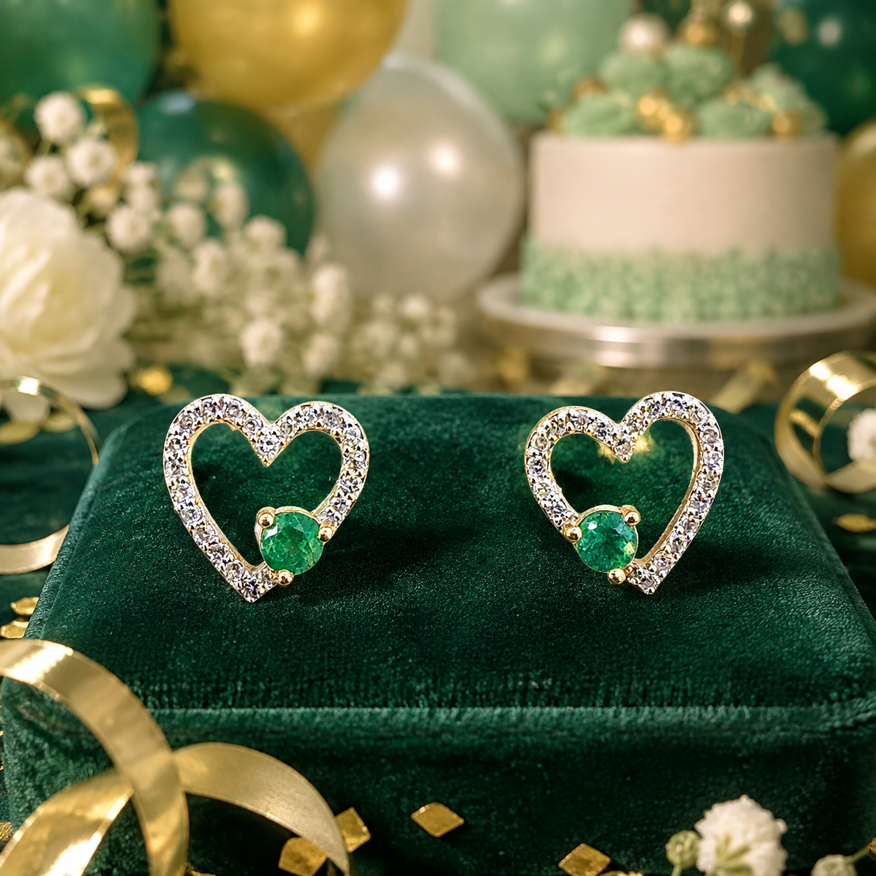 14K Yellow Gold Heart Earrings – .12ct Natural Diamonds & .13ct Colombian Emeralds