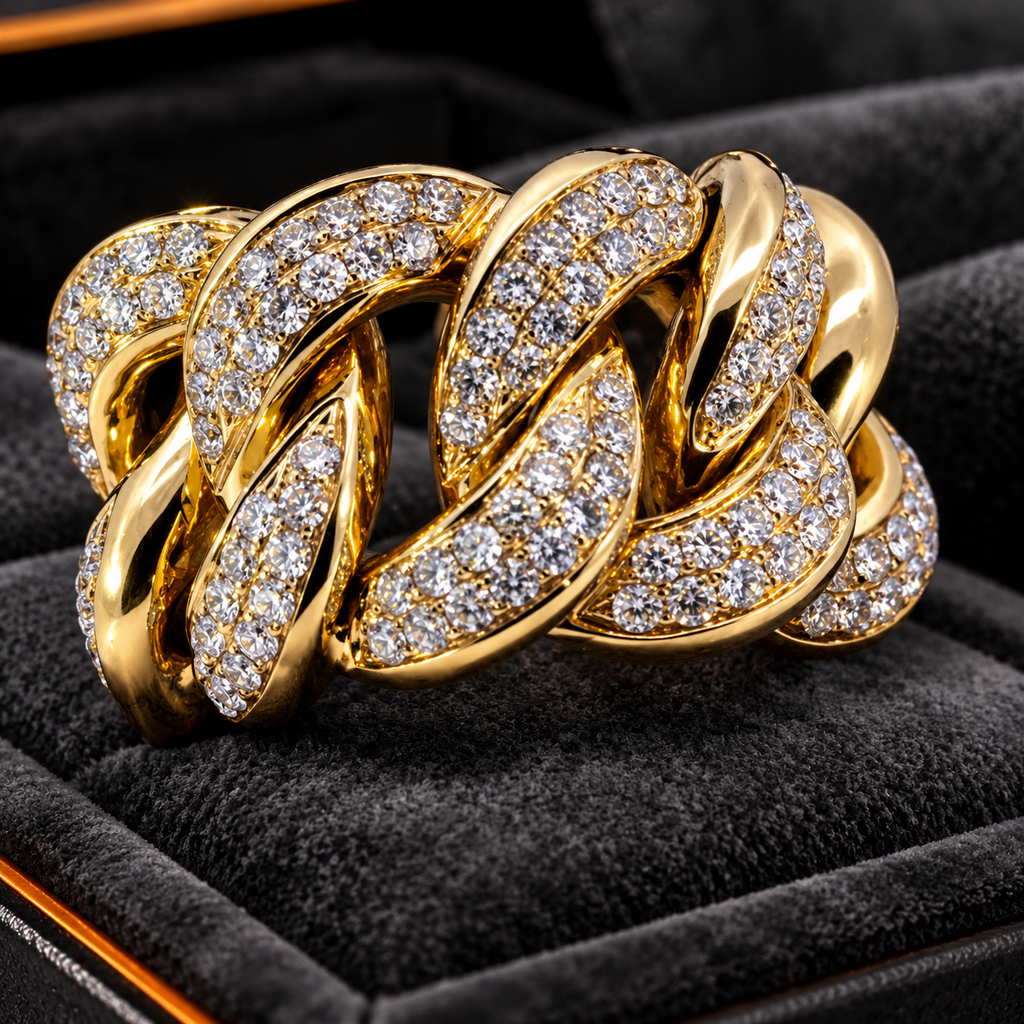Colossal 14K Yellow Gold 5.75 Carat Natural Diamond Cuban Link Ring