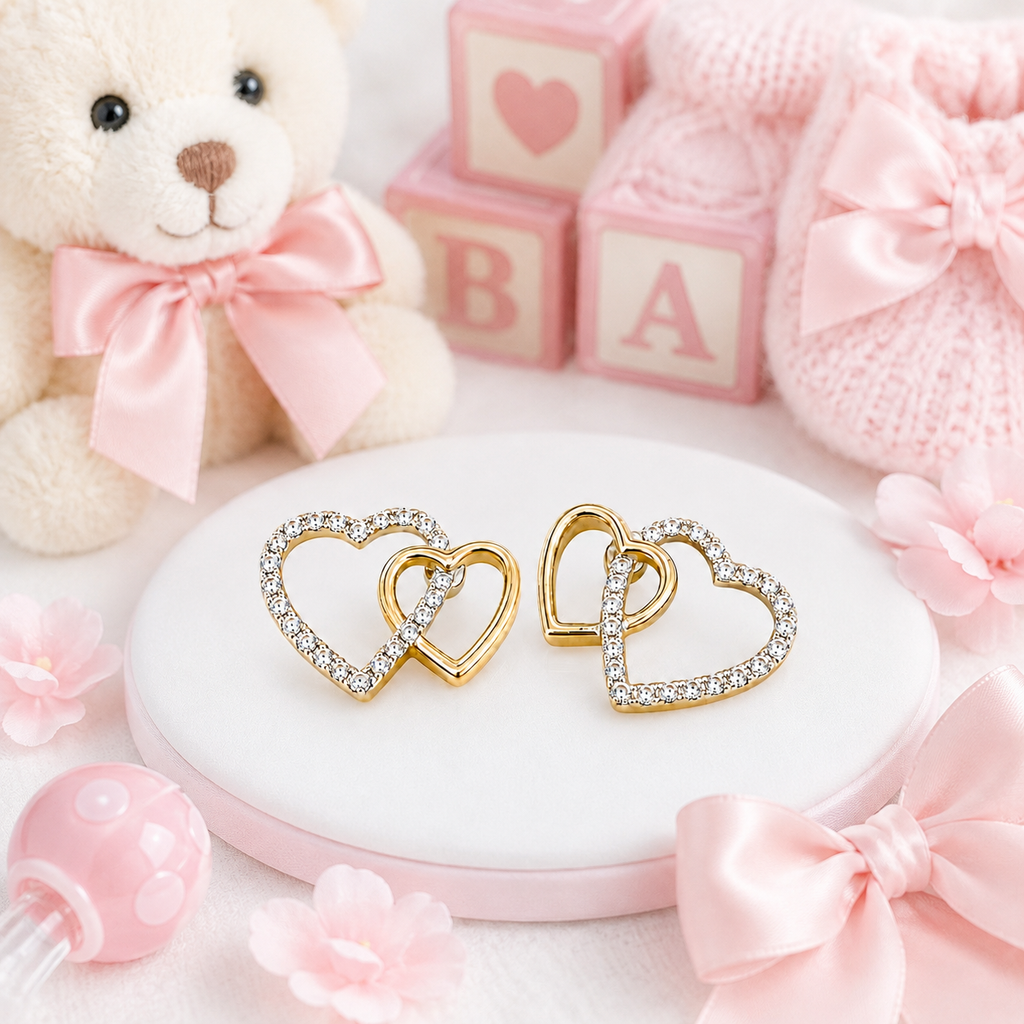 10K Yellow Gold Double Heart Diamond Baby Earrings – .09ct Natural Diamonds