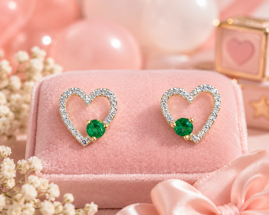 14K Yellow Gold Heart Earrings – .12ct Natural Diamonds & .13ct Colombian Emeralds