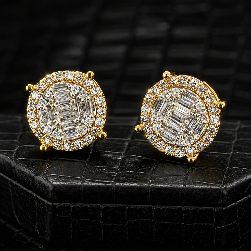 10K Yellow Gold Round & Baguette Diamond Earrings – .65ct Natural Diamonds SI1