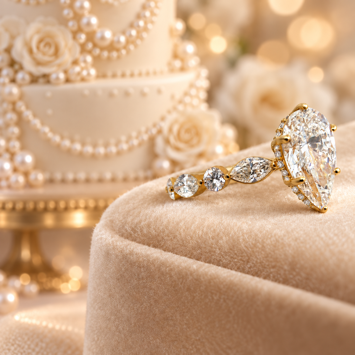 14K Yellow Gold Pear Shape Lab Diamond Hidden Halo Engagement Ring