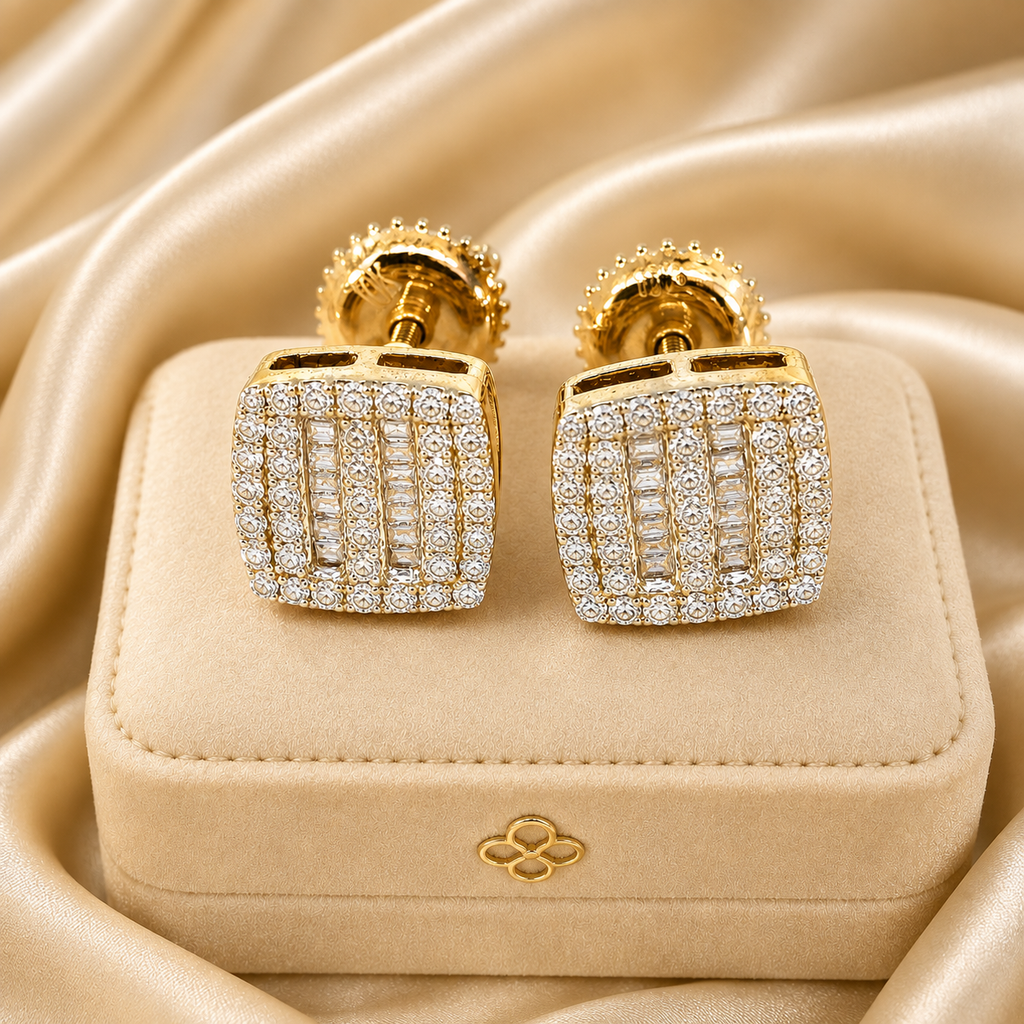 10K Yellow Gold Round & Baguette Diamond Stud Earrings