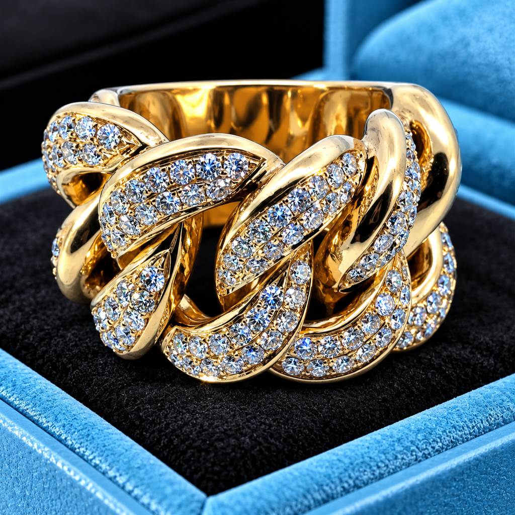 Colossal 14K Yellow Gold 5.75 Carat Natural Diamond Cuban Link Ring