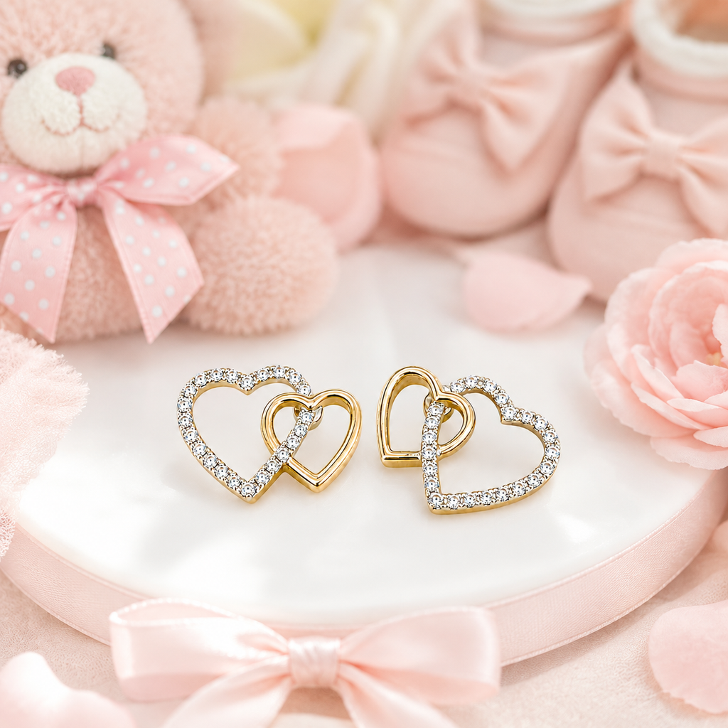10K Yellow Gold Double Heart Diamond Baby Earrings – .09ct Natural Diamonds