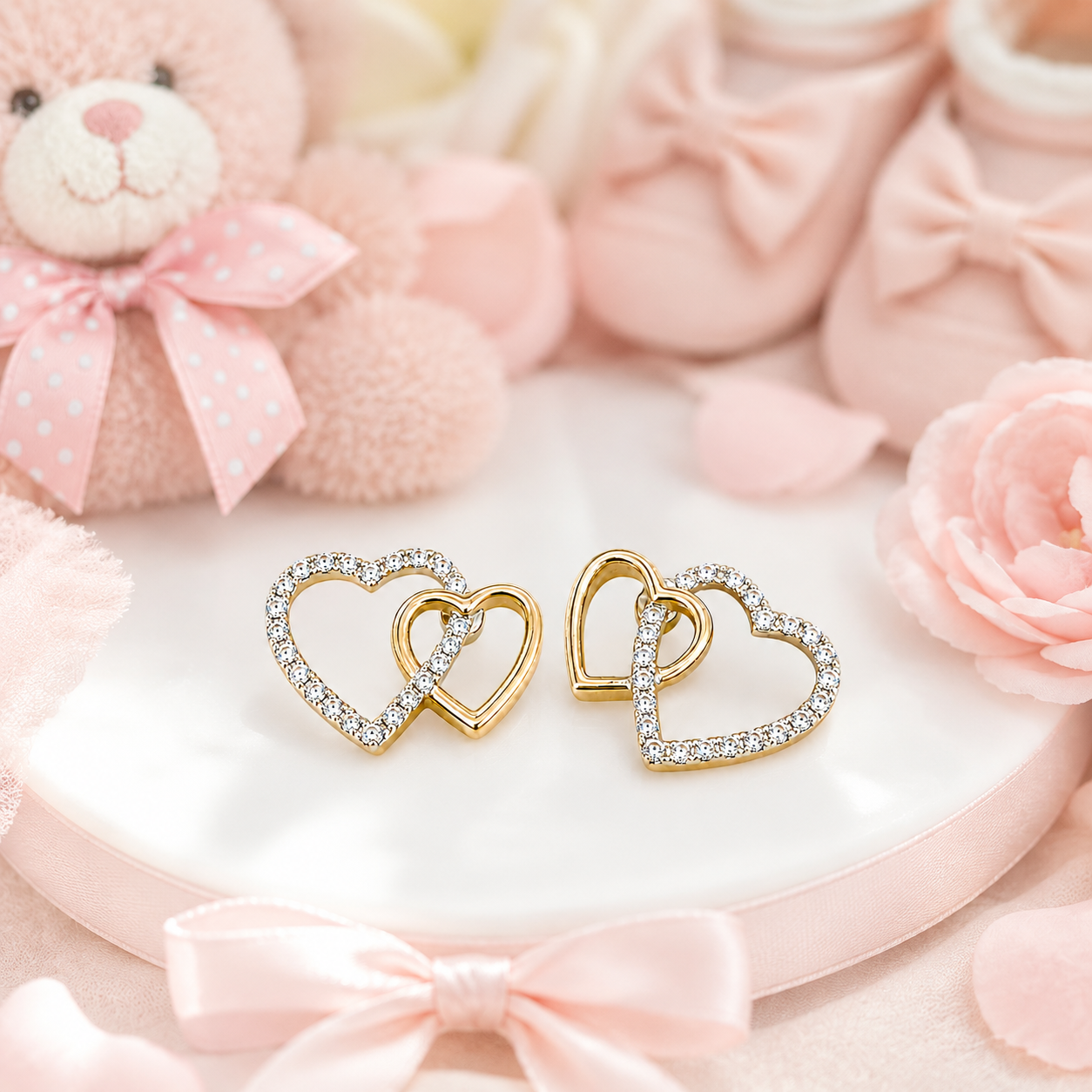10K Yellow Gold Double Heart Diamond Baby Earrings – .09ct Natural Diamonds