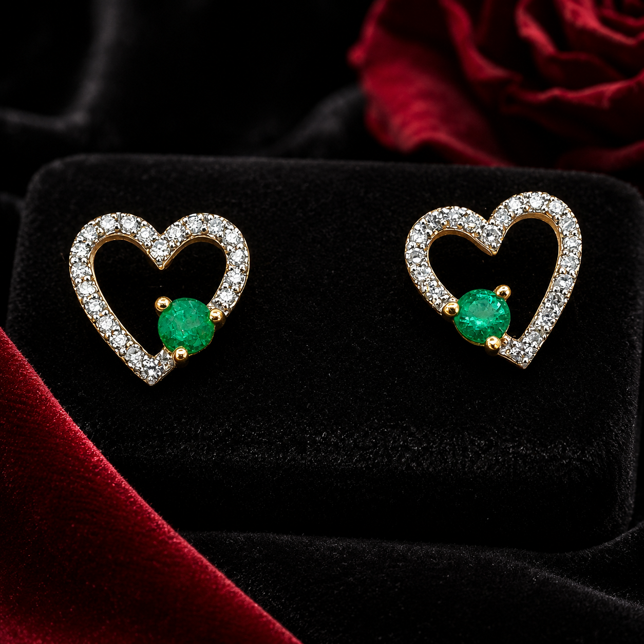 14K Yellow Gold Heart Earrings – .12ct Natural Diamonds & .13ct Colombian Emeralds