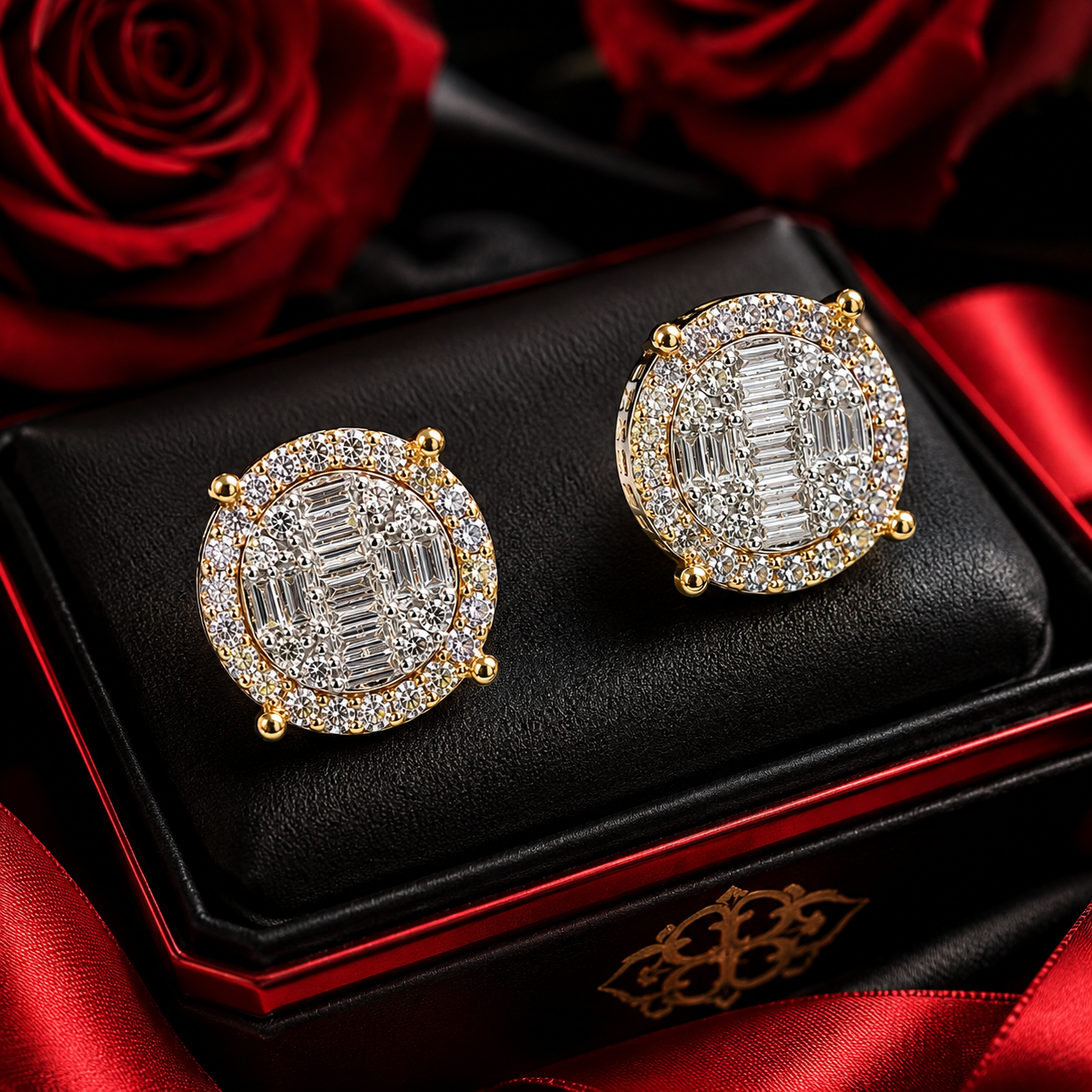 10K Yellow Gold Round & Baguette Diamond Earrings – .65ct Natural Diamonds SI1
