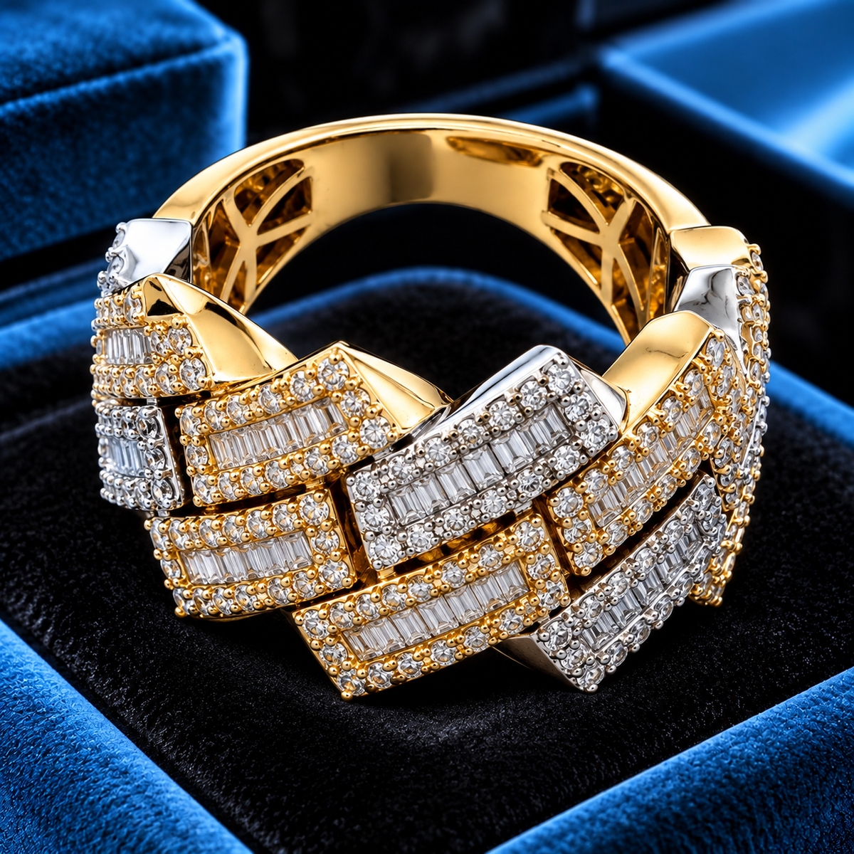 10K Yellow Gold Two-Tone 2.20 Carat Natural Diamond Cuban Link Ring