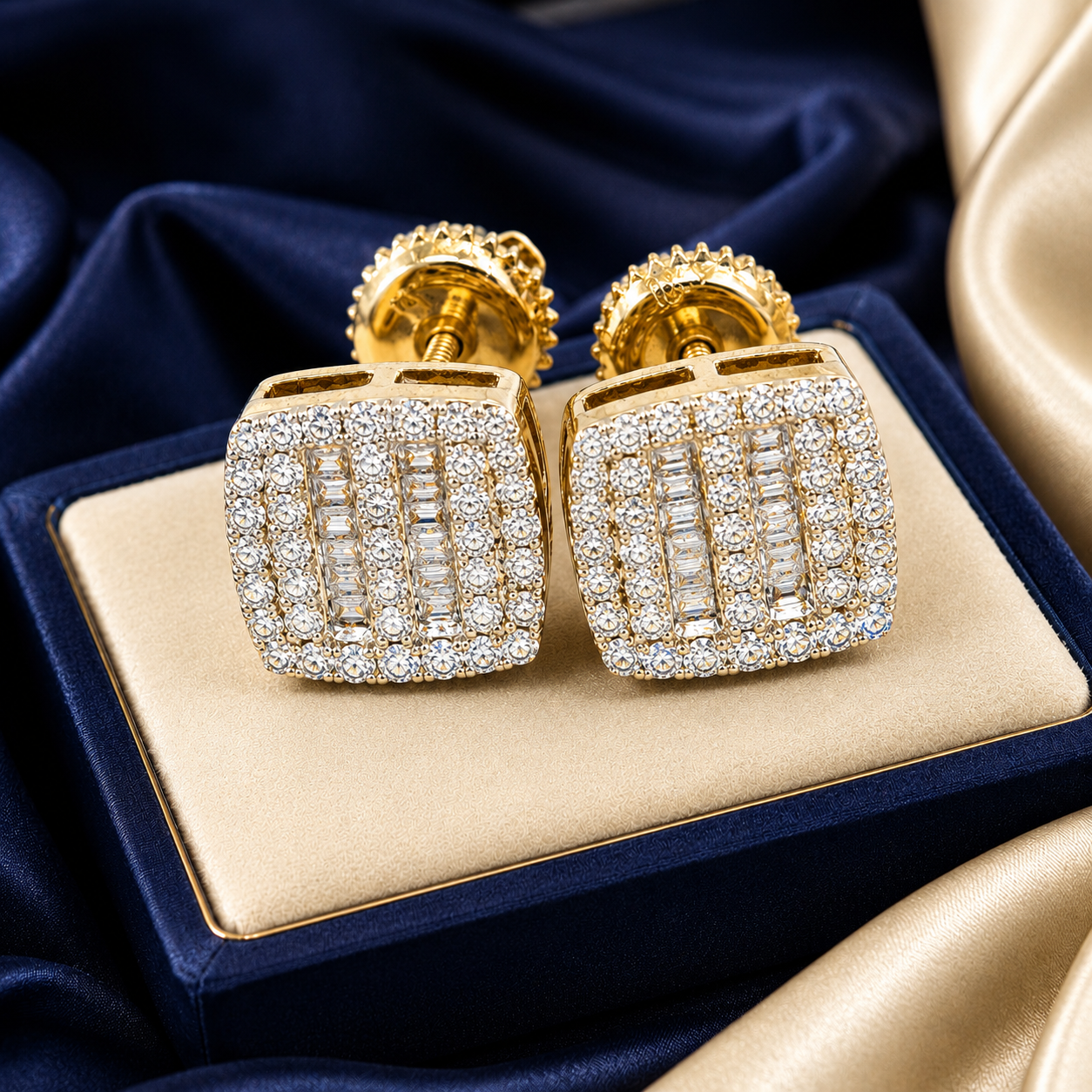 10K Yellow Gold Round & Baguette Diamond Stud Earrings