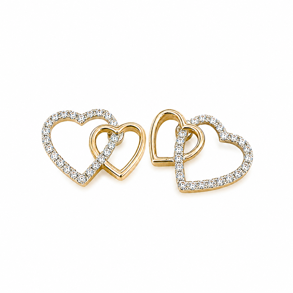 10K Yellow Gold Double Heart Diamond Baby Earrings – .09ct Natural Diamonds